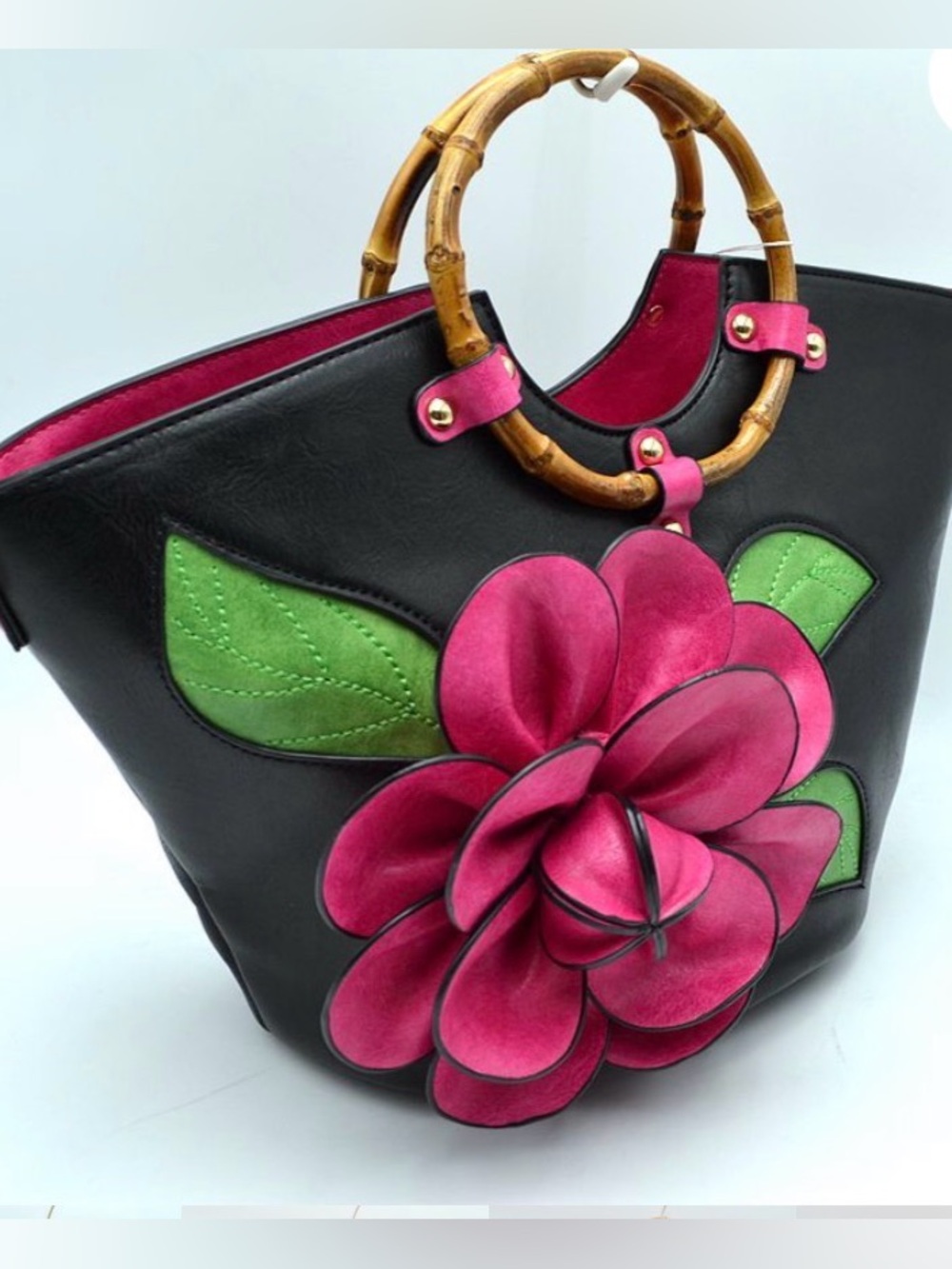 Floral Accent Bamboo-Handle Tote Bag - Black & Pink